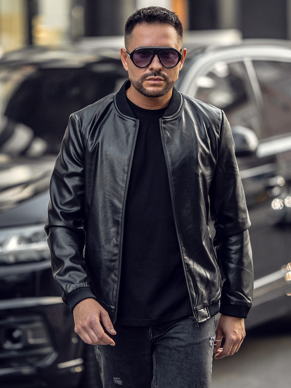 Чорна шкіряна чоловіча куртка-бомбер Bolf 6803A